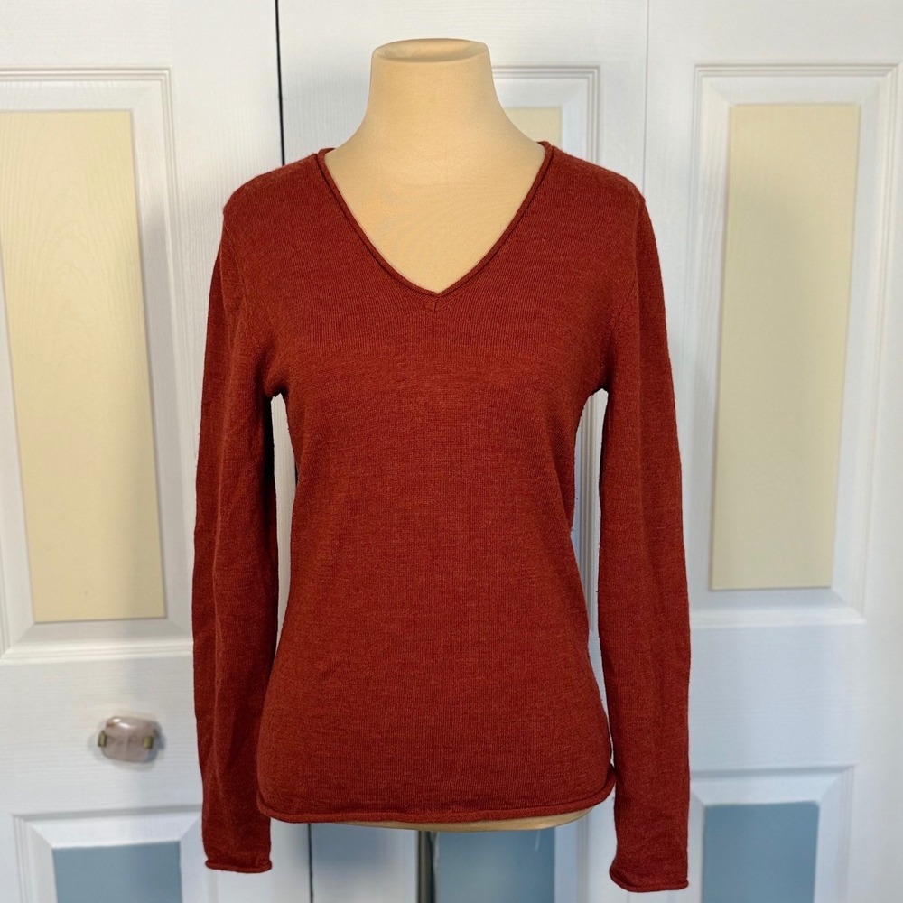 Carole Little Rust Orange 100% Merino Wool V-Neck Long Sleeve Sweater Small